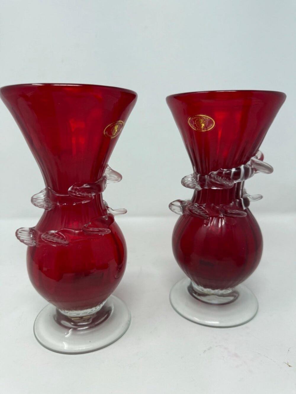 Vintage Cavalier Ruby Red Glass Hand Made Vase With Clear Applied Wrap 8” Tall